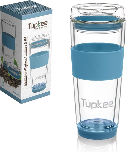 Tupkee Double Wall All Glass Tumbler - 14-Ounce, Reusable Insulated Tea/Coffee Mug & Lid, Hand Blown Glass Travel Mug - Niagara - 2 Pack