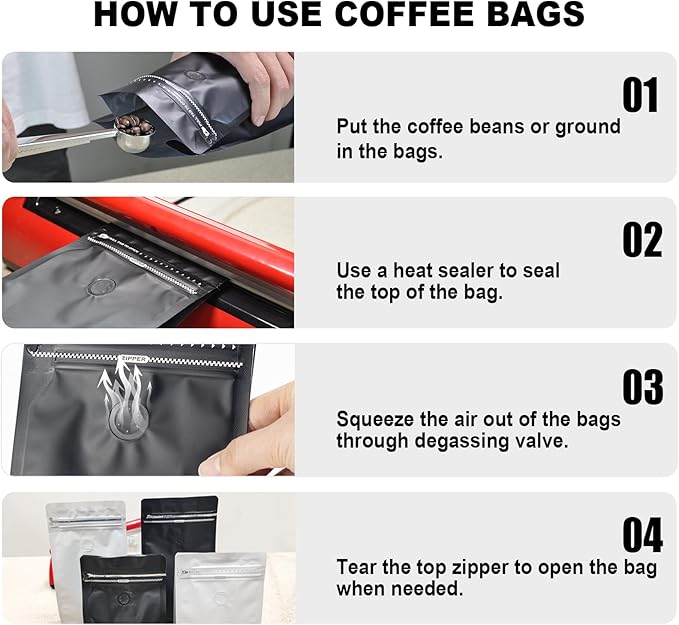 Coffee Bags with Valve(60pcs,4 oz,0.25 lb) Vented Coffee Beans Packaging Bags High Barrier Aluminumed Foil Flat Bottom Heat Sealed Side Zipper Resealable Storage Bag for Home or Business（Silver）