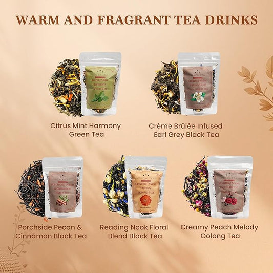 Loose Leaf Tea Sampler Assorted Flavored Tea Gift Set – 5 Natural Blends Relieving Stress & Great Gift For Tea Lovers- Herbal Tea Bags for Freshness, Up to 80 Cups