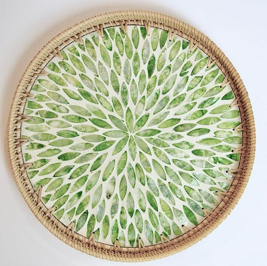 Magenta & Teal Round Rattan Serving Tray with Mother of Pearl Inlay, Wicker Coffee Table Decor, Farmhouse Style (Green Petals)