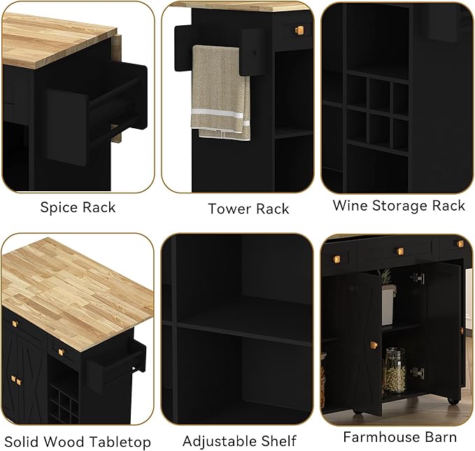 Kitchen Island with Storage, Rolling Kitchen Islands Cart with Solid Wood Countertop, Mobile Drop Leaf Kitchen Prep Table on Wheels with Wine Rack and Drawers