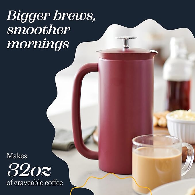 ESPRO P7 French Press Coffee Maker - Double-Walled Stainless Steel Insulated with Micro-Filter, 32 Ounces, Cranberry