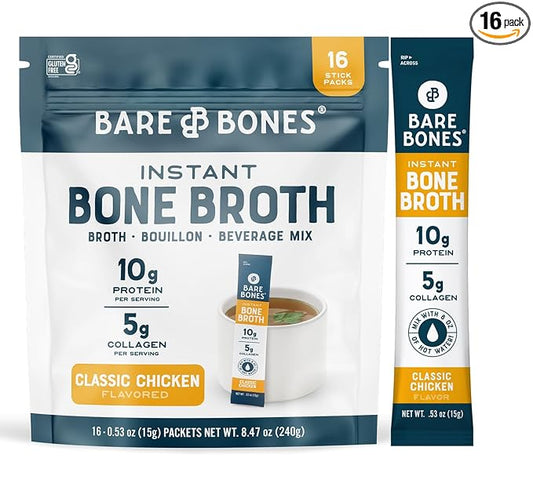 Bare Bones Classic Chicken Bone Broth Instant Powdered Mix Packets | 5g Collagen | 10g Protein | Keto & Paleo Friendly | No Artificial Flavors | Non-GMO, Gluten-Free, Dairy-Free on-the-go 16 Pack