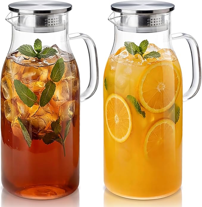 LUNA&MANTHA 2 Pack 2 Liter 68 oz Glass Pitcher with Lid and Handle, Water Pitcher for Fridge, Large Ice Tea Jug for Hot/Cold Drinks, Thick Borosilicate Glass Carafe for Coffee, Juice, Sangria