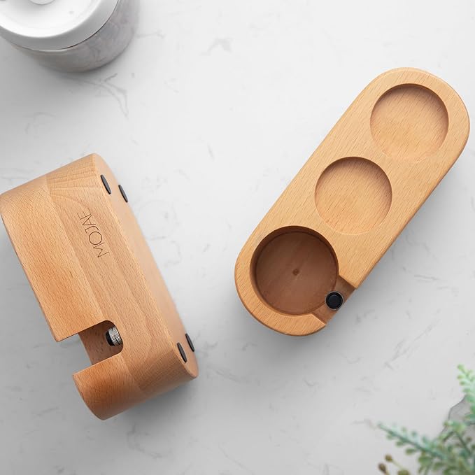 MOJAE Espresso Tamping Station, Tamper Station, Wooden Coffee Tamper holder, Portafilter Holder with Anti Slip Bottom, 3 Holes for Coffee Tamper,Distributor and Portafilter(Beech, 58mm)