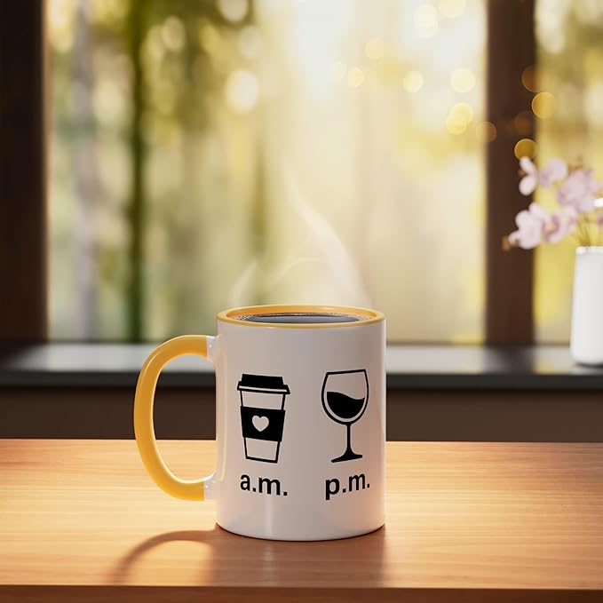 Coffee AM Wine PM - Funny Minimalist Coffee Wine Lover Ceramic Mug, Yellow/White
