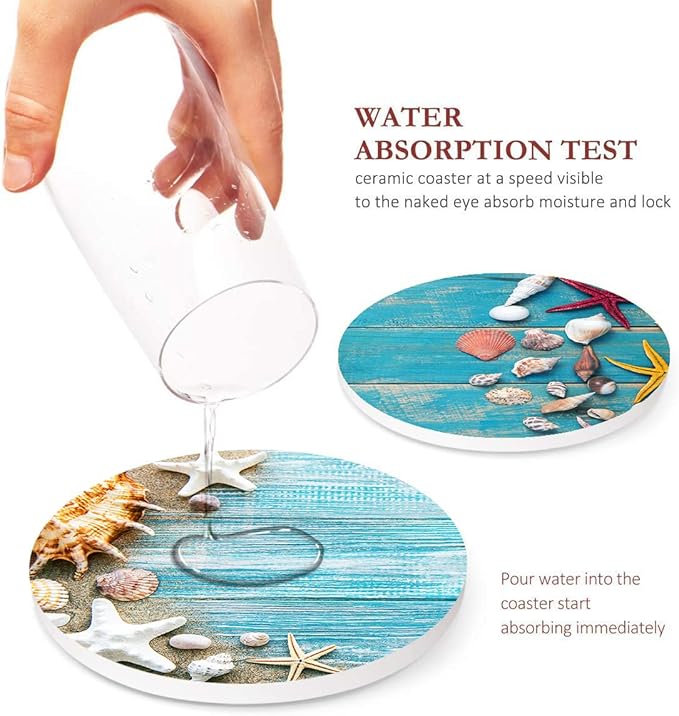 Britimes Coaster for Drinks Set of 6, Shells Blue Wooden Space Beach Table Absorbent Round Ceramic Stone Mat, with Cork Base and Metal Holder, Gift for Housewarming Room Bar Decor