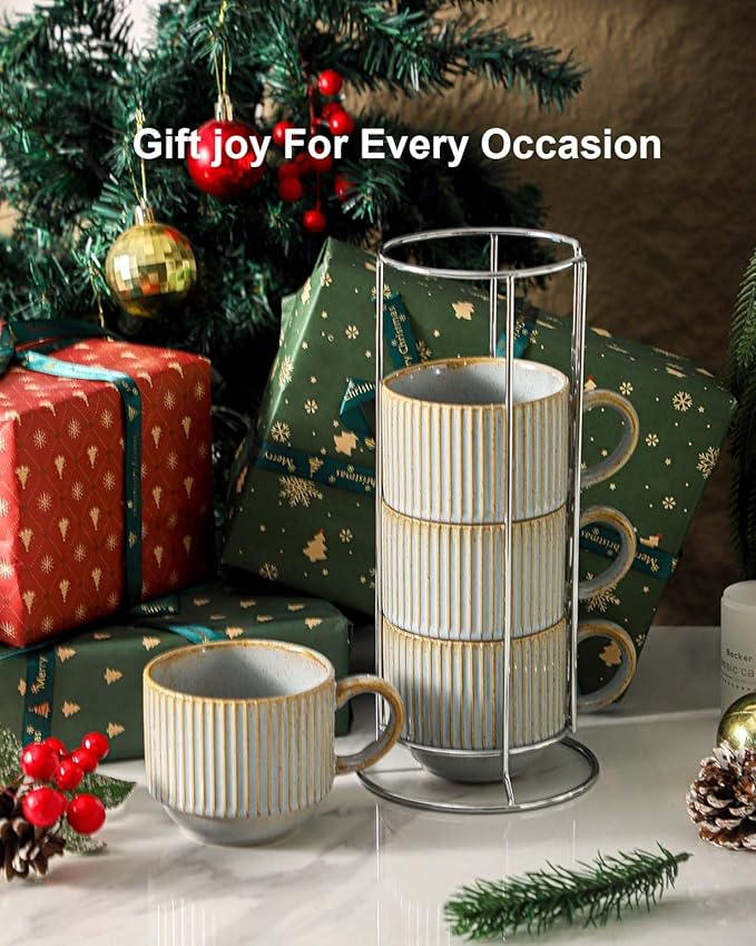 HASENSE Coffee Mug Ceramic Set of 4 with Stand - 15 oz Stackable Large Porcelain Ribbed Latte Cup Set for Cappuccino, Tea, Hot Cocoa, Drinks - Dishwasher & Microwave Safe, Lavender Gray