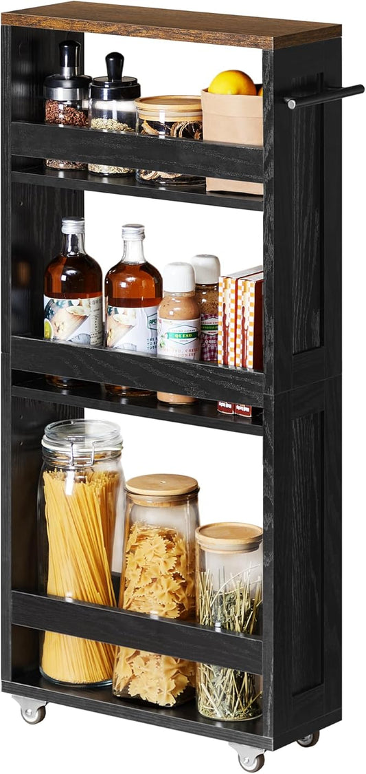 VASAGLE 4-Tier Slide-Out Storage Cart, Slim Kitchen Cart for Small Spaces, with Wheels, Handle, Bathroom, Laundry Room, 5.9 x 17 x 34.1 Inches, Ebony Black and Rustic Brown ULRC050K02