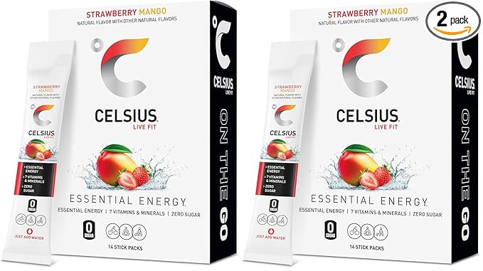 CELSIUS On The Go Strawberry Mango, Sugar Free Energy Drink Mix (14 Sticks per Pack) (Pack of 2)