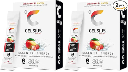 CELSIUS On The Go Strawberry Mango, Sugar Free Energy Drink Mix (14 Sticks per Pack) (Pack of 2)