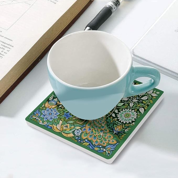 Square-6PCS Peacock Drink Coasters, Square Modern Ceramic Absorbent Coasters, Beautiful Green Plant Floral Peacock Boho Art Pattren Decor Desk Coffee Table Coaster for Beverage Cup Tea Coasters