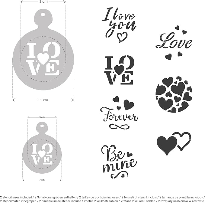 NAKLEO Coffee Stencils and Cookies Decoration 14Pcs 2.8”x2.8” and 4.3”x4.3”, Reusable Plastic Baking Templates, Love Valentines Day, Barista DIY Art Craft, Capuccino Latte Chocolate Cake Biscuit