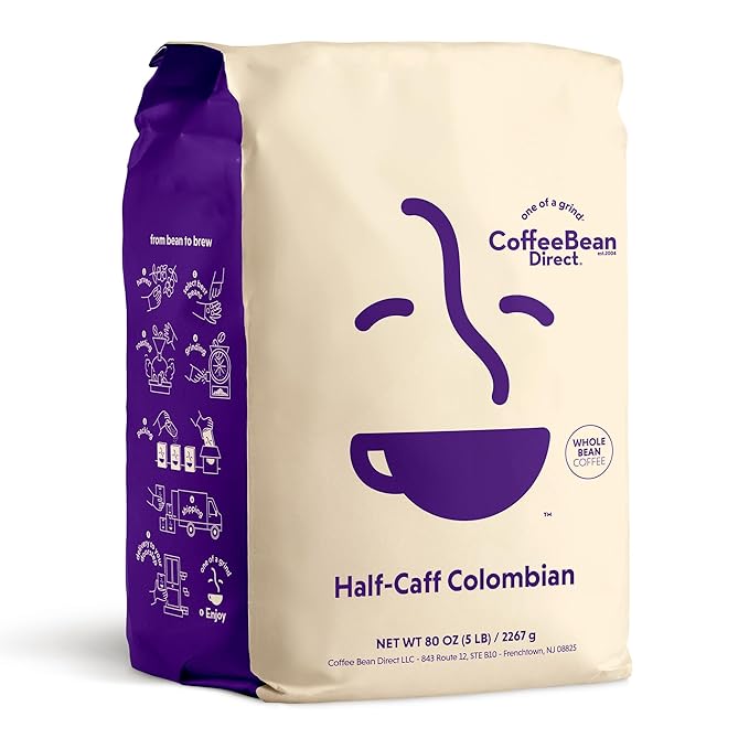 Coffee Bean Direct Half-Caff Colombian, Whole Bean Coffee, Light Roast, 5 Pound Bag (Pack of 1)