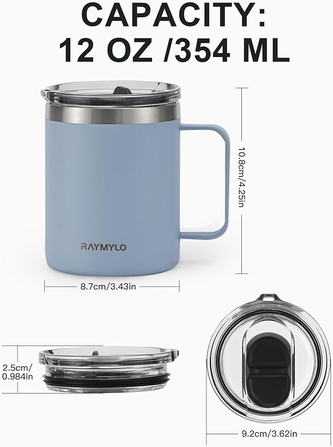 Insulated Coffee Mug 12 oz, Double Wall Stainless Steel Coffee Mug with Lids, Leak-Proof & Detachable Slider Lid for Thorough Clean, Keeps Coffee Cold for 9 Hrs, Suitable for Camp Home Office