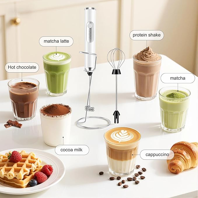 BEoffer Milk Frother Handheld + Stand Rechargeable 2000mAH Power Frother Wand Electric Foam Maker with 2 Stainless Whisks 3 Speeds Drink Mixer Coffee Frother for Latte, Cappuccino Matcha Hot Chocolate