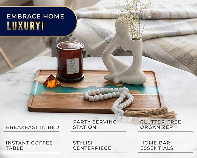 Comfify Visually Stunning Celeste Blue Resin + Acacia Wood Serving Tray - Modern 12x16 Serving Tray for Food, Breakfast in Bed, Coffee Table, Decor