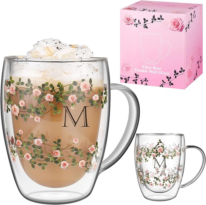 Initial Glass Cup for Women, 12oz Rose Double Walled Glass Coffee Mugs, Personalized Gifts for Women, Initial Coffee Tea Mug with Scarf, Birthday Wedding Gifts for Her Mom Teacher (ROSE-M)