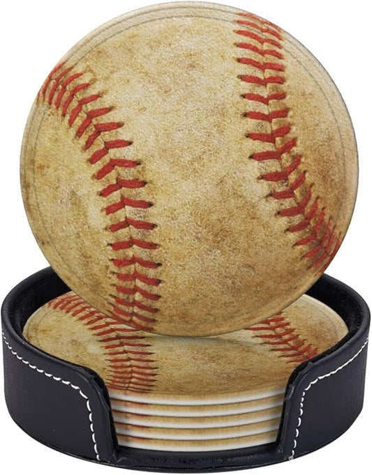 Baseball Coasters for Drinks with Holder Leather Coasters Set of 6 for Coffee Table