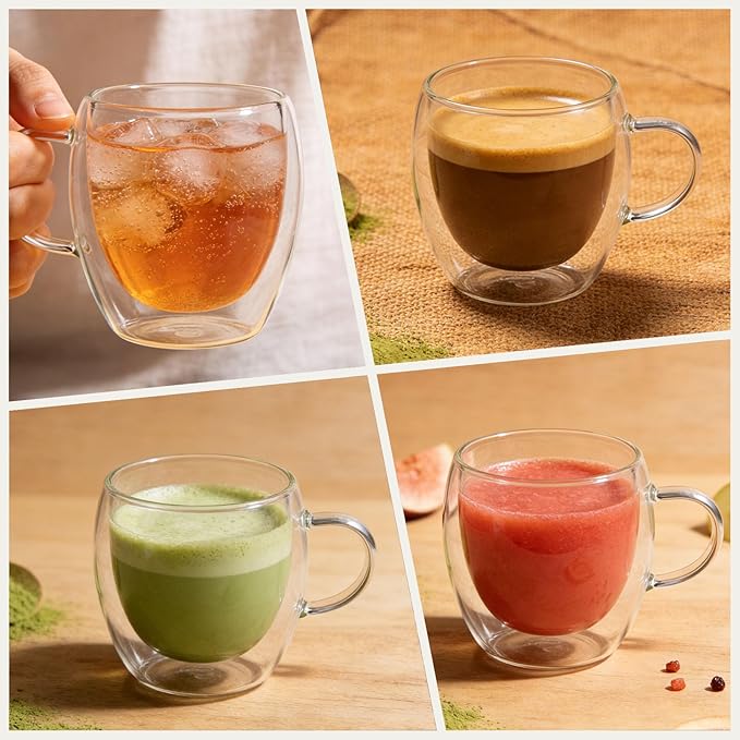 DINGPAl 4 Pack 8oz Double Wall Glass Coffee Mugs,Heat-resistant Borosilicate Glass Mug Cappuccino Espresso Tea Latte Cup with Handle,4 Spoons for Stirring Beverages in Bar,Cafe,or at Home