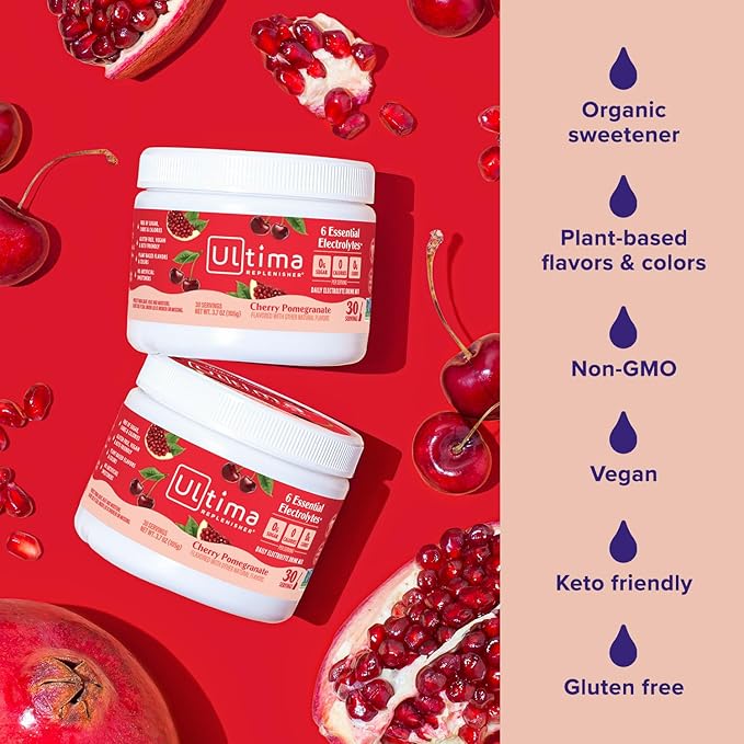 Ultima Replenisher Daily Electrolyte Powder Drink Mix – Sugar Free – Cherry Pomegranate, 30 Servings – Hydration Powder with 6 Electrolytes and Trace Minerals – Keto Friendly, Vegan, Non-GMO