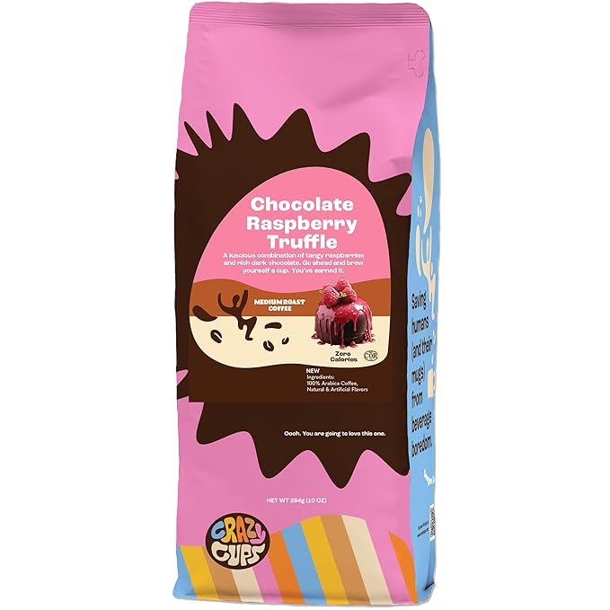 Crazy Cups Flavored Ground Chocolate Coffee, Chocolate Raspberry in 10 oz Bag, For Brewing Flavored Hot or Iced Coffee