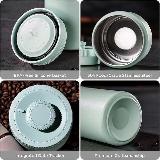Bincoo Coffee Canister, Large Stainless Steel Coffee Bean Storage Container with Date Tracker (Green)