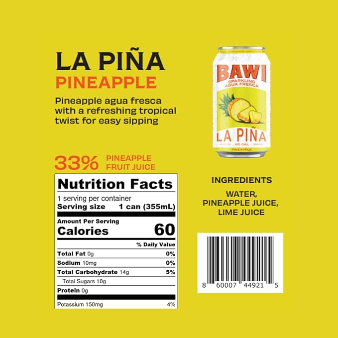 Bawi La Pina Sparkling Agua Fresca, 12 Pack - Pineapple Flavored Water, Plant-Based, Low Calorie, Less Sugar, Culturally-Rooted, Mexican Drink, Made in USA, Better-For-You Soda, Authentic Mexican Drink