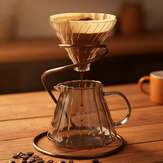 Pour Over Coffee Maker Set with Glass Carafe, Iron Stand, Bamboo Base, 20 oz Capacity, V02 Filter Papers(100 Count), Manual Drip Brewing System