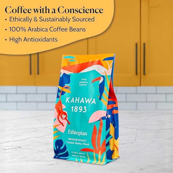 Kahawa 1893 Whole Bean Coffee Medium Roast Ethiopian Blend 24 Oz - As Seen on Shark Tank, High Antioxidants, Naturally Sweet, Organically Grown, Ethically & Sustainably Sourced