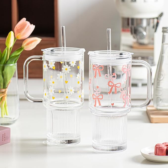 INSETLAN Daisy Glass Cups for Women, 26oz Clear Glass Tumbler with Lid and Straw, Customizable Aesthetic Flower Mug for Birthday, Mother’s Day, Christmas, Girl Gifts