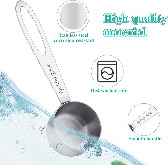 2Pcs 1/8 Cup Measuring Cup, 30ml Scoop, Stainless Steel Measuring Cups, Coffee Scoops, Measuring Scoops Tablespoon Measure Spoon, Long Handle Cooking Measuring Scoop(30ML)