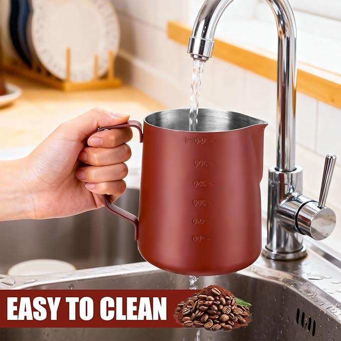 Maxdot 3 Pack Milk Frothing Pitcher 12 Oz, 20 and 30 oz Milk Frother Cup Stainless Steel Espresso Steaming Pitcher with Scale Frother Jug with Art Pen for Cappuccino Coffee Latte Art (Claret)