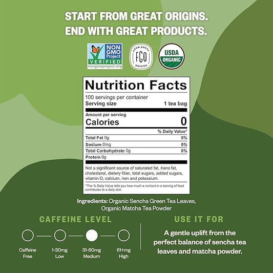 FGO Organic Japanese Matcha + Green Tea, 100 Count, Eco-Conscious Tea Bags, Resealable Bag, Packaging May Vary (Pack of 1)
