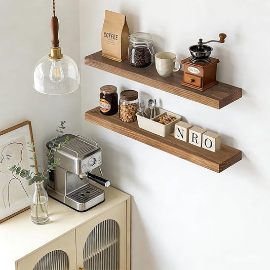 Floating Wall Shelf 36x6.8x1.7 Inch – Solid Wood Shelf in Dark Oak Finish – Heavy Duty Wall Mounted Rustic Display Shelf for Living Room, Kitchen, Bedroom, Hallway – Set of 2