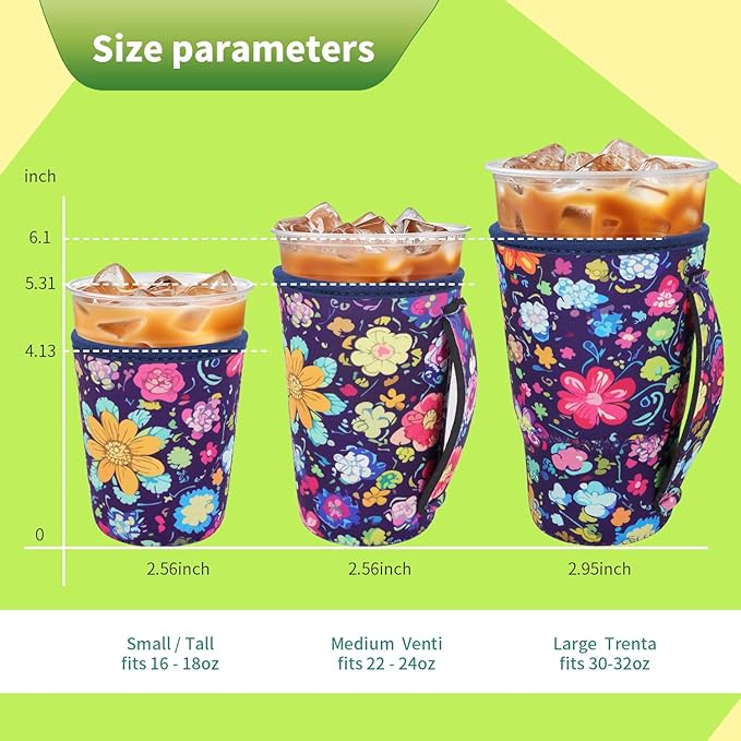 3 Pack Iced Coffee sleeve Insulated Neoprene Cup Sleeves with handle For Cold Drinks Beverages, Reusable Cup Holder for 16oz-32oz Coffee Cups (Abstract Flowers)