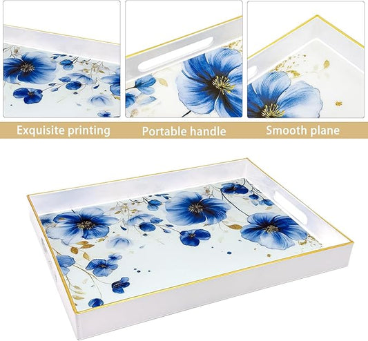 Serving Tray with Handles, 15.7 * 11.8 inches, Plastic Ottoman Tray with Exquisite Paintings, Trays for Coffee Table