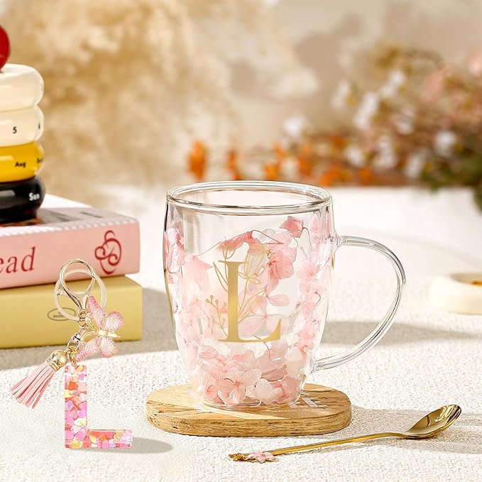 Personalized Gifts for Women Flower Double Wall Cute Novelty Monogrammed Glass Coffee Mug Tea Cup with Spoon Customized Wedding Favors Unique Birthday Christmas Gifts for Bride Wife Friends Sisters(L)