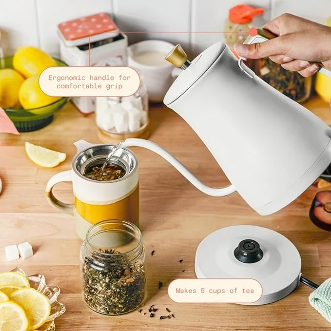 Electric Gooseneck Kettle 1 Liter 1200W, Stainless Steel, Pour Over Coffee Tea, Auto Shut-Off, 360° Cordless Power Base (White Icing)