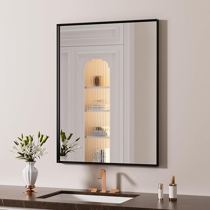 LOAAO Black Bathroom Mirror 20"X28" for Wall, Rectangle Bathroom Vanity Mirror, Hangs Vertically or Horizontally, Easy to Install, Modern Design