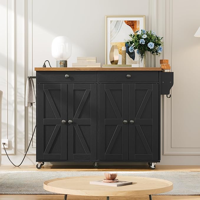 HOOBRO Kitchen Island with Power Outlet, 43.3" Rolling Island with Storage, Kitchen Cart with Spice Rack and Hooks, for Living Room, Rustic Brown and Black BF11UZD01