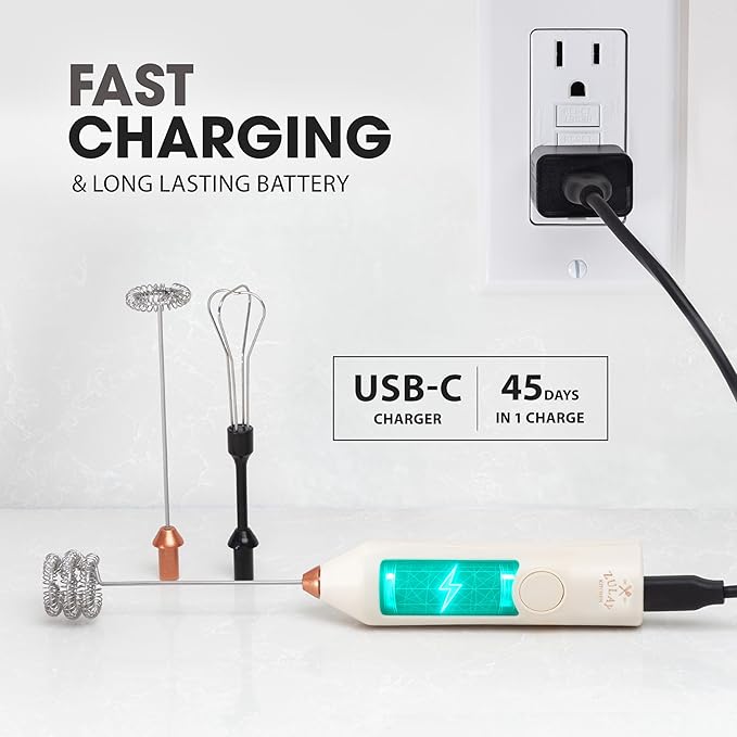 Zulay Kitchen Rechargeable Milk Frother - Dynamic - 3 Speeds, 3 Whisk Attachments, 500 mAh USB Charging, Drink Mixer For Latte, Cappuccino, Matcha, Protein Powder, Coffee Foam - Cream Copper