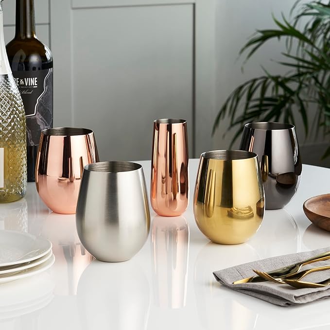 Viski Stemless Champagne Flutes, Stainless Steel Sparkling Wine Glasses for Prosecco, Sparkling Cocktails, Mimosas, Elegant Glassware for Wedding Gifts, Home Bar, 8 oz, Set of 2, Copper