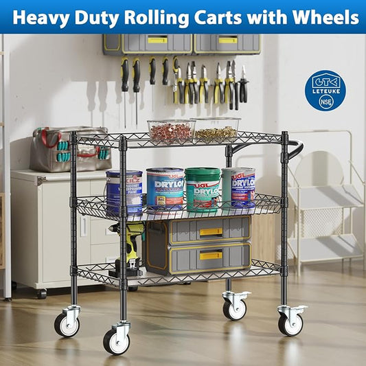 Leteuke 3 Tier Rolling Carts with Wheels, Heavy Duty Rolling Utility Cart,NSF Commercial Grade Metal Cart with Handle&Shelf Liner,Trolley Serving Cart for Kitchen,Restaurant,Plant Display,Black
