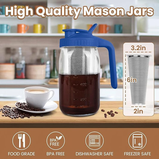 QHH Cold Brew Coffee Maker,32 oz Mason Jar Pitcher with Stainless Steel Filter, Pour Spout Handle Lid, Heavy Duty Glass Airtight & Leak-Proof Pitcher for iced coffee Tea Lemonade-Blue