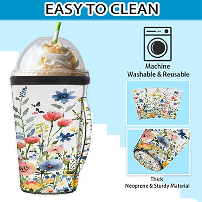 Reusable Iced Coffee Cup Sleeve Spring Flowers Neoprene Insulated Sleeves Cup Holder with handle Idea for 16oz - 18oz