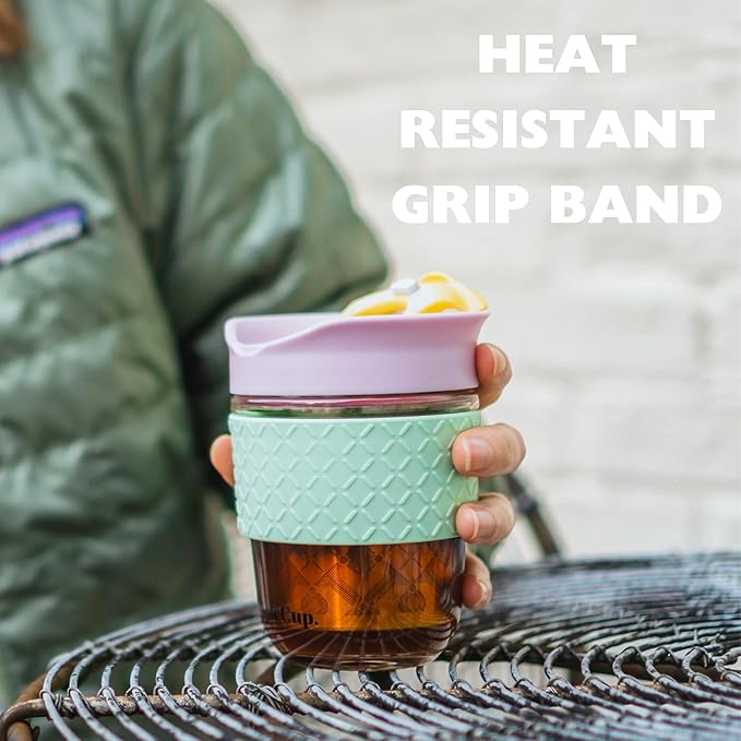 Travel Mug Loose Tea Infuser - Detachable Tea Strainer with Spillproof Lid - BPA-Free Reusable Glass Travel Coffee Cup with Silicone Band (Gray and Pink, 12oz)