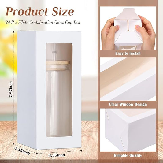 Honoson 24 Pcs Tumbler Gift Box with Ribbon for Sublimation Glass Exhibition Boxes Transparent for 12oz 16oz 20oz Drinking Cup Glasses Jars Mug Can Blanks (White)