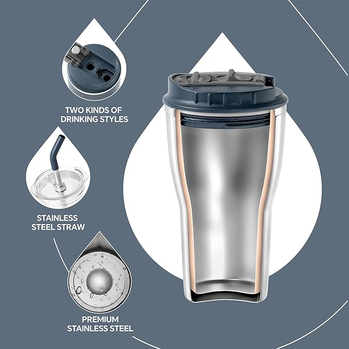 Ideus Insulated Tumbler with Lid and Straw 14 oz, Stainless Steel Double-Wall Vacuum Leak-Proof Travel Coffee Mug, Cup Holder Friendly, Navy Blue