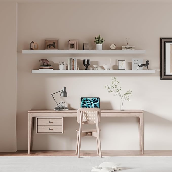 72 inch Long Floating Shelves for Wall,Solid Wood Long Shelves Set of 2,White Wooden Wall Mounted Shelf,Bookshelf Bathroom Shelves (White, 72 Inch)